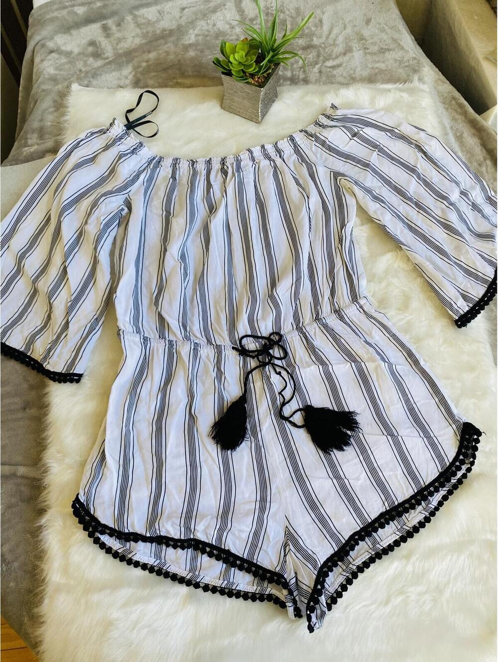 Women's Off-Shoulder Striped Romper with Tassel Tie Medium